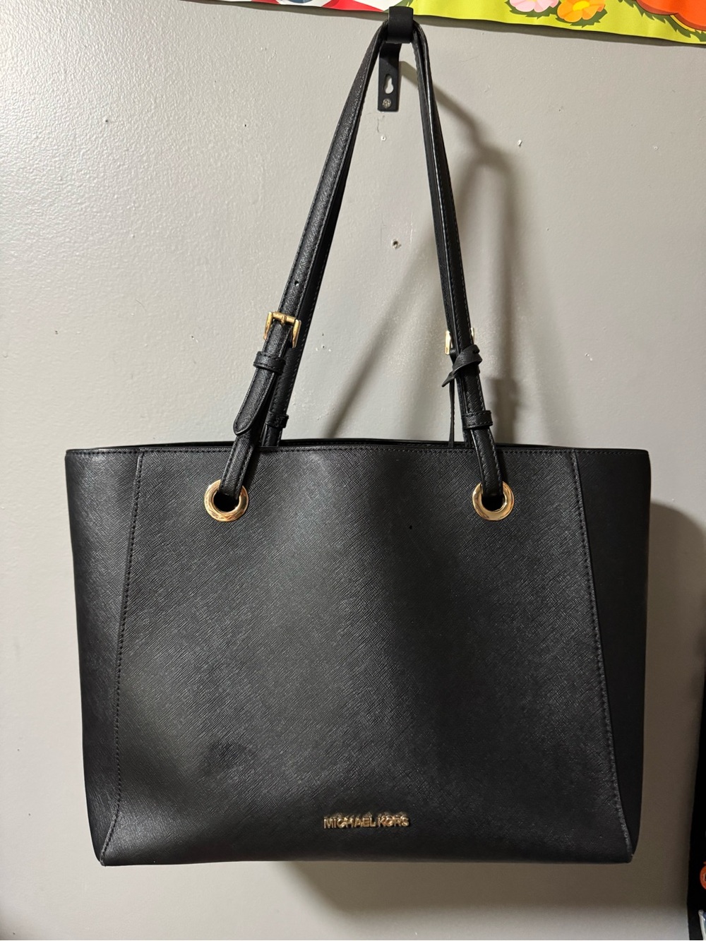 Michael Kors Black Leather Saffiano Tote with Gold Hardware